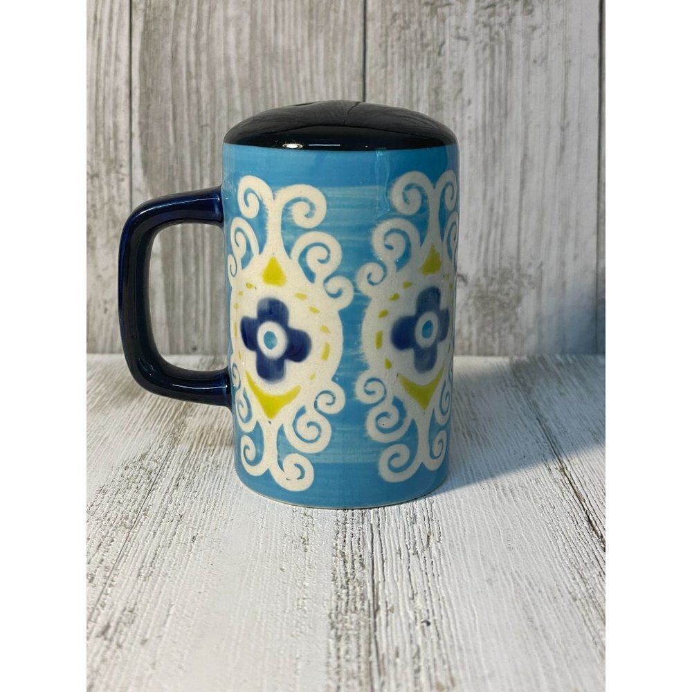 Turquoise Navy Blue White and Yellow Hand Painted Pepper Shaker